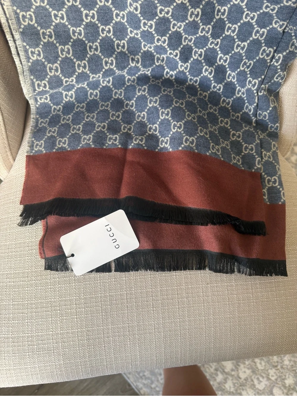 Gucci GG Cotton Jacquard Stole Scarf Blue Brown NWT $550